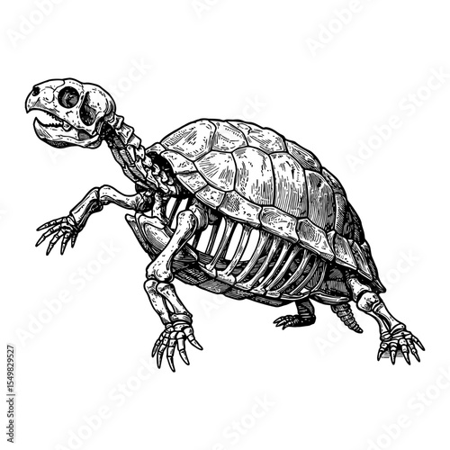 Detailed Tortoise Skeleton Animal Side View Black and White Outline Line Art Drawing Anatomy Scientific Illustration