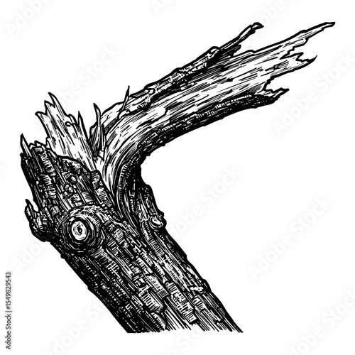 Textured Broken Tree Branch Only Isolated Black and White Outline Line Art Drawing Style