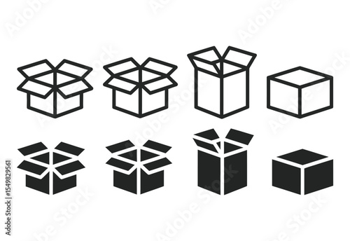 Collection of simple line and solid black icons representing open and closed cardboard boxes