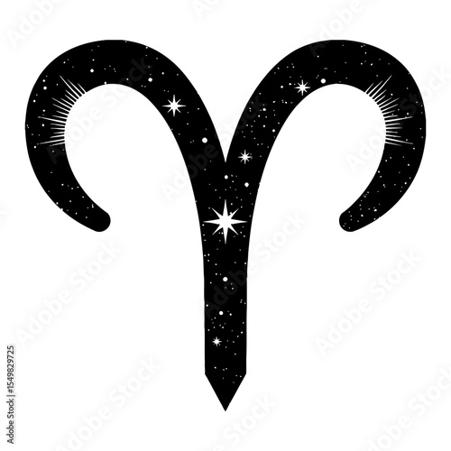 Aries Zodiac Symbol with Cosmic Stars Double Exposure Black and White Outline Line Art Drawing