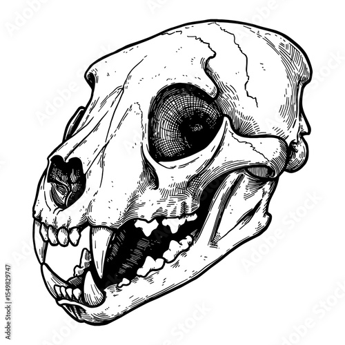 Detailed Cheetah Skull Anatomy Black and White Outline Line Art Drawing Illustration Engraving Style