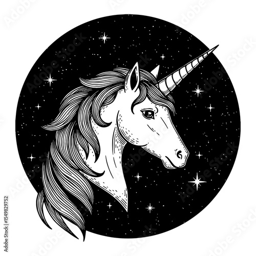 Unicorn Head Symbol with Cosmic Stars Background Minimalist Black and White Outline Line Art Drawing