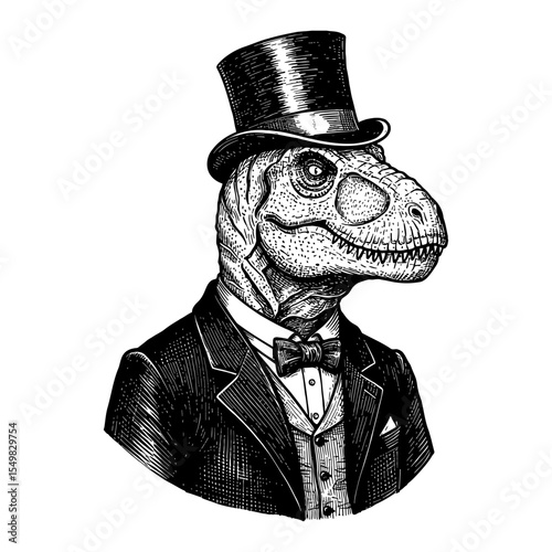 Tyrannosaurus Rex Dinosaur Wearing Vintage Suit Top Hat Black and White Outline Line Art Drawing