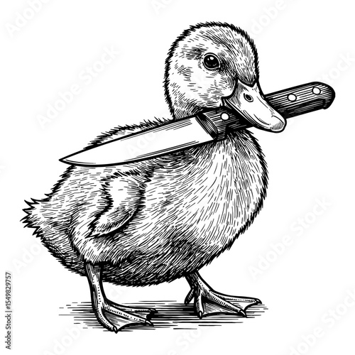 Aggressive Duckling Holding a Large Knife in its Beak Black and White Outline Line Art Drawing