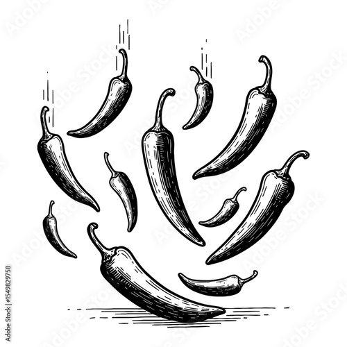 Falling Chilli Peppers Group Black and White Outline Line Art Drawing Hot Spicy Vegetable Ingredient