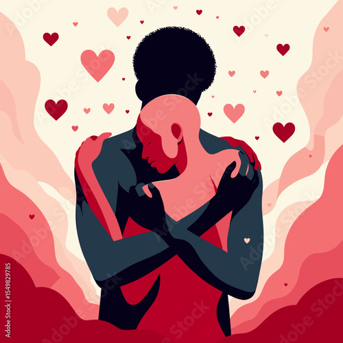 Couple embracing with a romantic atmosphere and heart motifs on a soft background