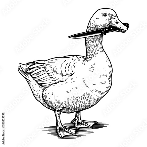Intimidating Goose Holding a Large Sharp Knife in its Mouth Black and White Outline Line Art Drawing