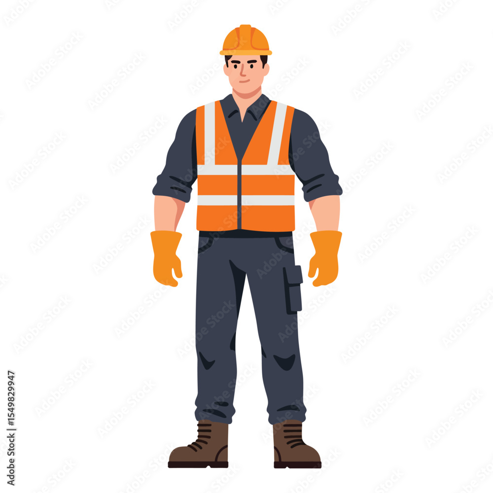 Construction Worker with Orange Safety Vest and Hard Hat Vector - Male Character in Full Protective Gear, Ideal for Industrial Safety, Building, and Professional Labor Themes Construction Worker with Orange Safety Vest and Hard Hat Vector - Male Character in Full Protective Gear, Ideal for Industrial Safety, Building, and Professional Labor Themes