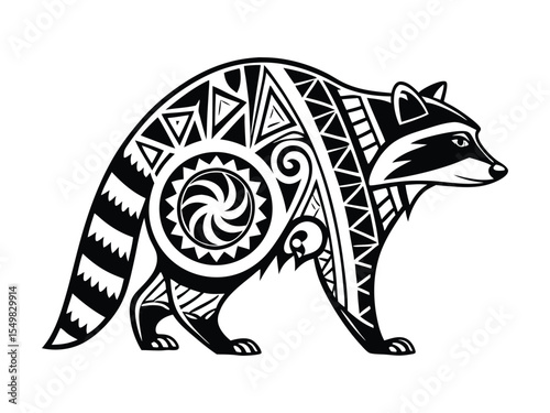 Raccoon silhouette in animal ethnic, Polynesian tribal illustration