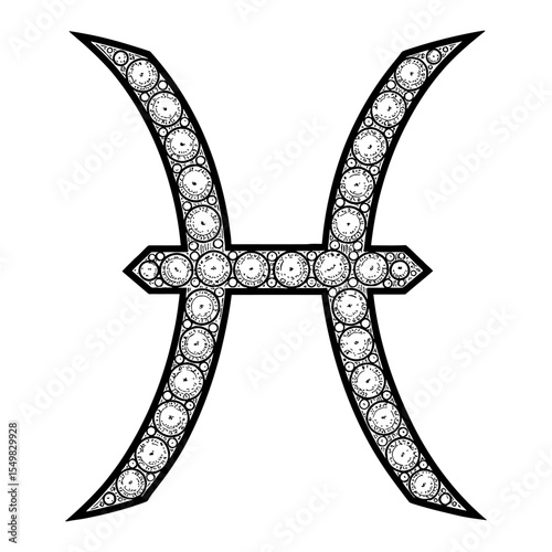 Ornate Pisces Zodiac Symbol Made of Diamond Gemstones Black and White Outline Line Art Drawing