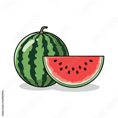 Juicy Watermelon with Red Pulp and Black Seeds, Whole and Halved View - Vector Illustration