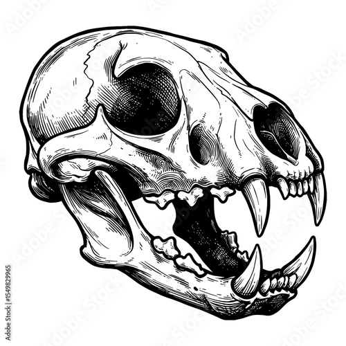 Detailed Panther Skull Head Black White Outline Line Art Drawing Vintage Engraved Illustration Wild Animal Bone Object