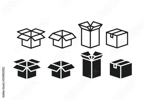 Collection of isometric cardboard box icons in outline and solid fill styles