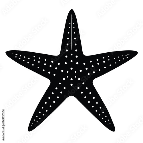 Black silhouette of a five pointed starfish with white dots on a white background