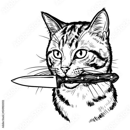 Curious Cat Head Holding a Kitchen Knife in its Mouth Black and White Outline Line Art Drawing Vector