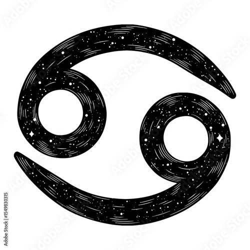Cancer Zodiac Sign Symbol with Cosmic Starry Night Sky Double Exposure Black and White Outline Line Art Drawing
