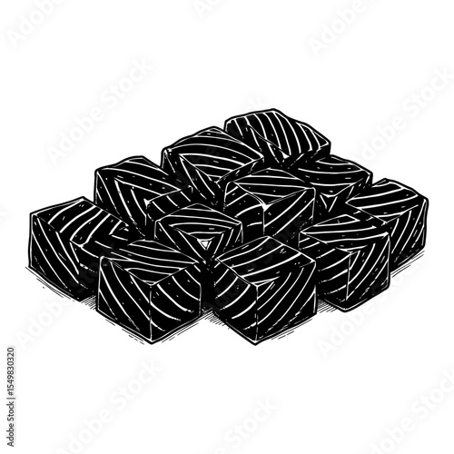 Pile of Diced Raw Salmon Cuts Vintage Black and White Outline Line Art Drawing Food Ingredient Isolated