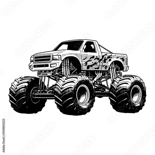 Monster Truck Perspective View Black and White Outline Line Art Drawing with Large Tires and Elevated Suspension