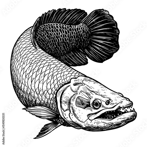 Arapaima Fish Black and White Outline Line Art Drawing Detailed Engraving Style Graphic Design Illustration Vintage Retro