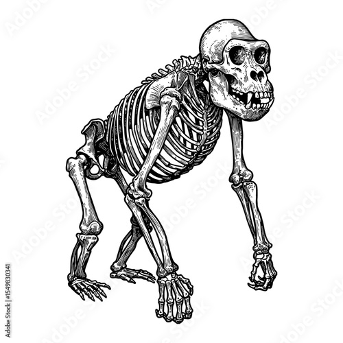 Detailed Gorilla Skeleton Black and White Outline Line Art Drawing Scientific Anatomy Vintage Engraving