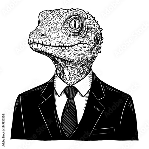 Lizard Man Wearing a Business Suit Portrait Black and White Outline Line Art Drawing Professional Character