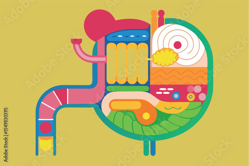 Creative illustration of human digestive system with colorful elements depicting various organs and functions