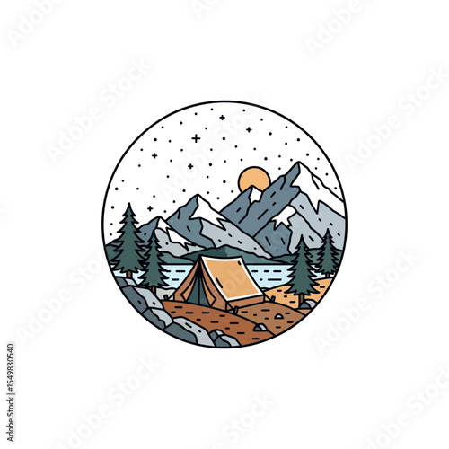 Camping Tent in Mountain Landscape with River, Pines, and Sunset in Circular Badge - Vector Illustration
