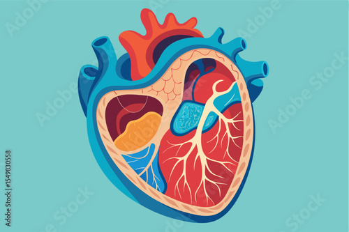 Detailed illustration of a human heart anatomy showing chambers, valves, and blood vessels in bright colors
