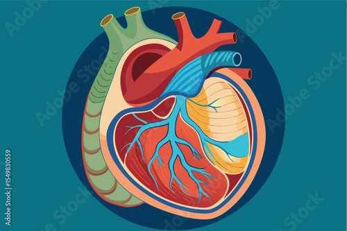 Detailed anatomical illustration of the human heart showing major parts and arteries in vibrant colors