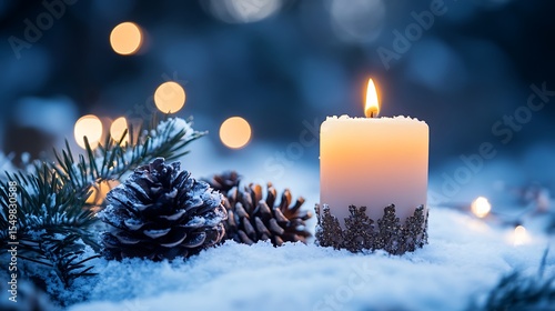 Candlelight illuminating snowy outdoor scene with pine cones and winter branches around it