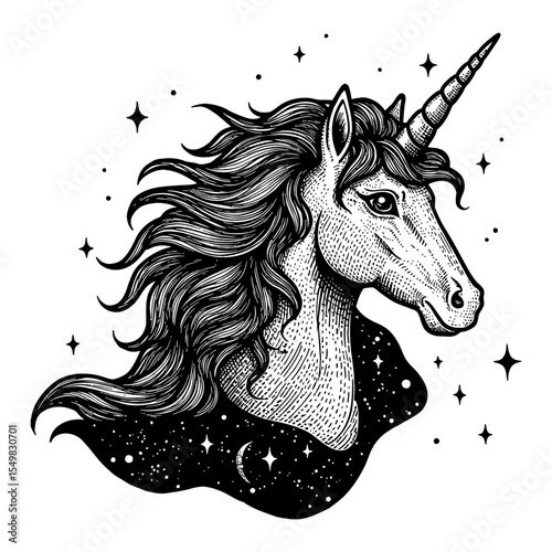 Mythical Unicorn Head with Cosmic Stars Double Exposure Black and White Outline Line Art Drawing