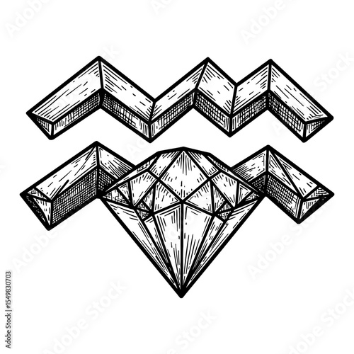 Detailed Aquarius Zodiac Symbol Logo Made of Diamond Black and White Outline Line Art Drawing Engraved Illustration
