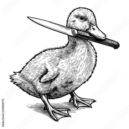 Cute Duckling Holding Sharp Kitchen Knife in its Mouth Black and White Outline Line Art Drawing Illustration