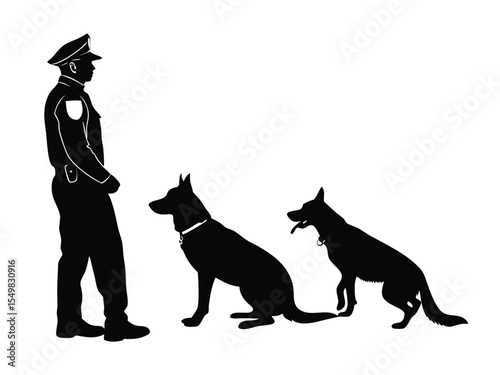 Policeman standing among two police dogs with black silhouettes 