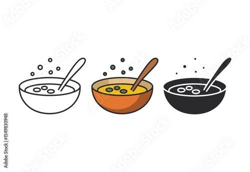 Three different styles of soup bowls with spoons and steam icons
