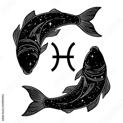 Minimalist Pisces Zodiac Symbol with Cosmic Stars Black and White Outline Line Art Drawing