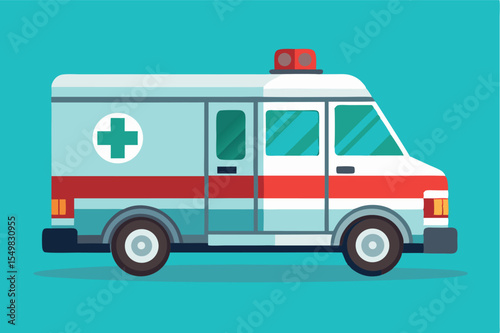 Emergency medical vehicle parked on a plain blue background with clear visibility of its red and white design