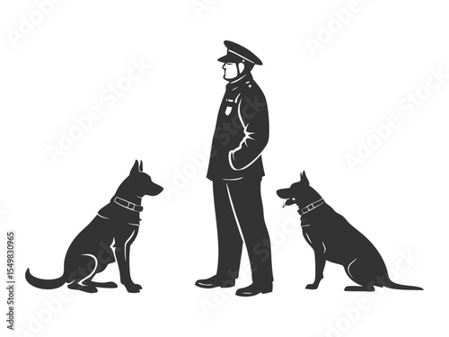 Policeman standing among two police dogs with black silhouettes 