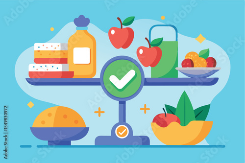 Balancing nutritious foods on a scale illustrating healthy eating habits in a colorful and whimsical style