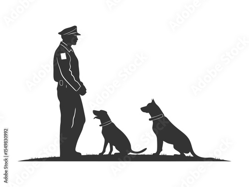 Policeman standing among two police dogs with black silhouettes 