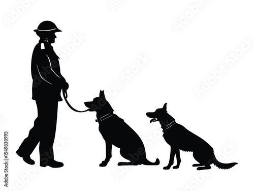Policeman standing among two police dogs with black silhouettes 