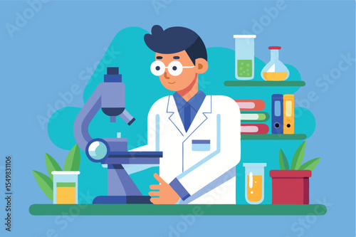 Scientist working with microscope in laboratory surrounded by glassware and plants
