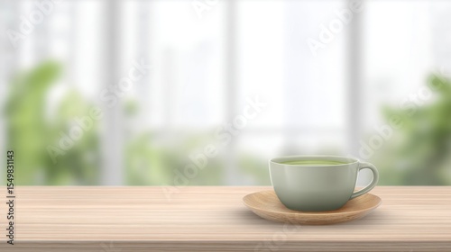 Fresh Green Tea in Cup on Wooden Table with Blurred Background