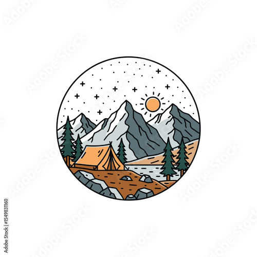 Peaceful Camping Spot by River with Tent, Mountain Peaks, and Trees in Circle Art - Vector Illustration