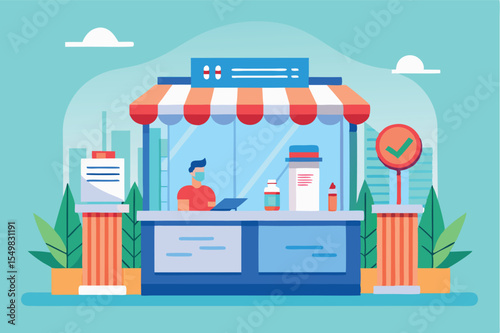 Brightly colored food stall with a vendor preparing orders in a city environment during daytime