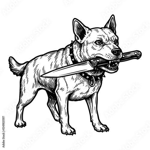 Furious Dog with Spiked Collar Holding Knife in Mouth Full Body Shot Black and White Outline Line Art Drawing