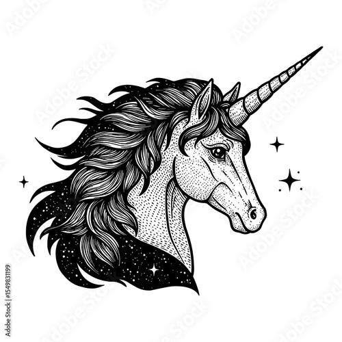 Mystical Unicorn Head with Cosmic Stars Double Exposure Black and White Outline Line Art Drawing Vintage Engraving