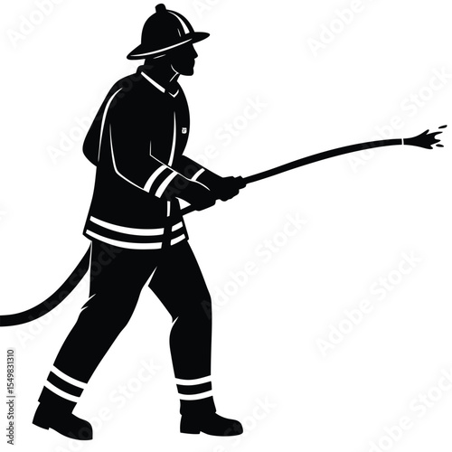 Silhouette of a firefighter in protective gear spraying water from a hose
