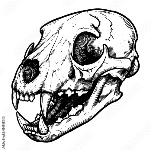 Detailed Panther Skull Side View with Open Mouth and Fangs Black and White Outline Line Art Drawing