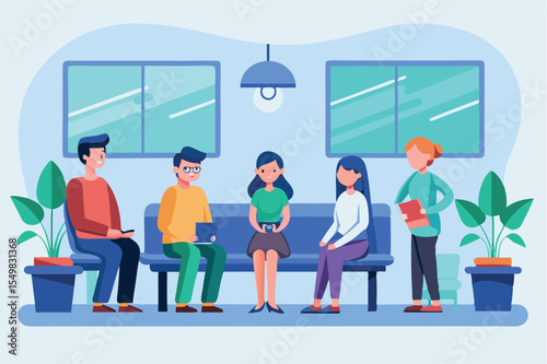 Group of people sitting in a modern waiting area discussing plans during a sunny day